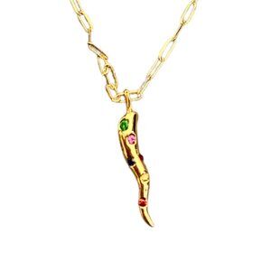 14K Gold Italian Mini Horn Gemstone Pendant Necklace